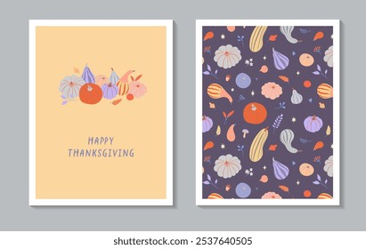 Modern style Thanksgiving greeting card and Pattern design. Fall-inspired Vector illustration with variety of pumpkins, gourds, and seasonal elements. For print or digital use