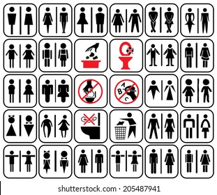 modern style of toilet sign with baby, men, women, pregnant women, aged, handicapped in art style design and access use warning in toilet , vector set