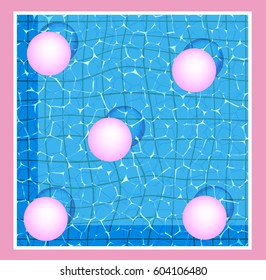 Modern style trends 80. surreal hipster images. The surface of the water with pink balls. Flashes of water in the pool. Vector illustration. 