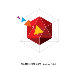 modern style triangular facet red hexagon with transforming colorful triangle flying to center