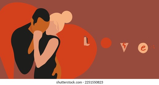Modern style vector couple in love, afro american man and woman is hugging, man kissing hand of woman. Muted, elegant color palette. Happy Valentine's Day romantic background.