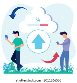 Ilustración plana vectorial de estilo moderno, almacenamiento en la nube, seguimiento de descargas en la nube, carpeta de transferencia de datos con documentos, almacenamiento de datos.