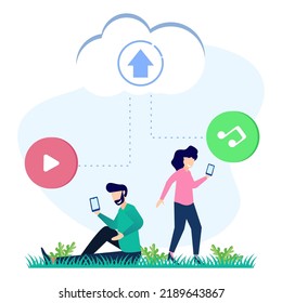 Ilustración plana vectorial de estilo moderno, almacenamiento en la nube, seguimiento de descargas en la nube, carpeta de transferencia de datos con documentos, almacenamiento de datos.