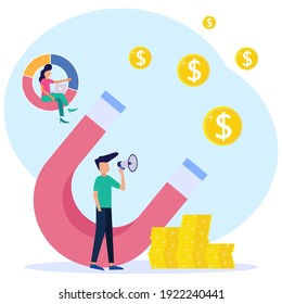 Modern style vector illustration, attract investment concept, success magnet, coin money attraction. profitable income.