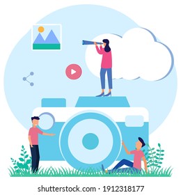 Modern style vector illustration with big camera background, taking photos, self-expression, happy, holidays, influencers.