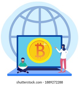 Modern style vector illustration. Bitcoin digital business concept for web pages, banners, presentations, social media. Investments for bitcoin and blockchain. mining, currency, server room.