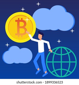 Ilustración vectorial de estilo moderno. Bitcoin concepto de negocio digital para páginas web, banners, presentaciones, medios sociales. Inversiones para bitcoin y blockchain. minería, moneda, sala de servidores.