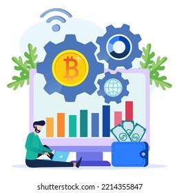 Ilustración vectorial de estilo moderno. Bitcoin concepto de negocio digital para páginas web, banners, presentaciones, medios sociales. Inversiones para bitcoin y blockchain. minería, moneda, sala de servidores.