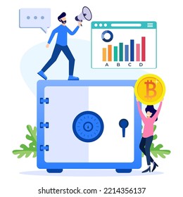 Ilustración vectorial de estilo moderno. Bitcoin concepto de negocio digital para páginas web, banners, presentaciones, medios sociales. Inversiones para bitcoin y blockchain. minería, moneda, sala de servidores.