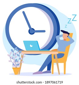 Modern style vector illustration. Businesspersons are sleeping at their desks during working hours with unfinished tasks. The concept of procrastinating and wasting time.