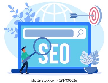 Modern style vector illustration. The character of a person who is part of a team that works together on seo. Can be used for web banners, infographics, hero images.