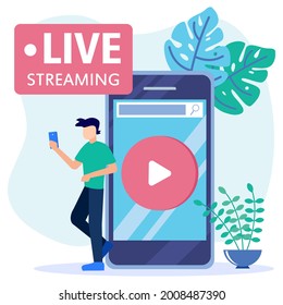 Modern style vector illustration, character people watching live streaming video, freelancer, customer. Illustrations for websites, landing pages, mobile apps, posters and banners.