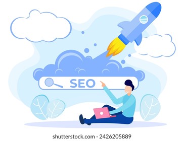 Ilustración vectorial de estilo moderno. El carácter de una persona que forma parte de un equipo que trabaja juntos en el seo. Se puede utilizar para banners web, infografías, imágenes de héroes.