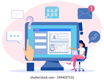 Ilustración vectorial de estilo moderno de un monitor de computadora con muchas notificaciones de internet. Dispositivos modernos con cartas, llamadas, mensajes de texto y correos electrónicos aislados.