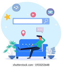 Modern style vector illustration, concept of communication via Internet, social networks, chat, videos, news, messages, websites, find friends, mobile web graphics.