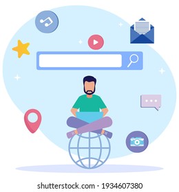 Ilustración vectorial de estilo moderno, concepto de comunicación vía Internet, redes sociales, chat, videos, noticias, mensajes, sitios web, encontrar amigos, gráficos web móviles.