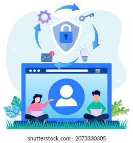 Modern style vector illustration. The concept of data protection, social media, documents. Network Security, Person Character, Data security and privacy concepts.