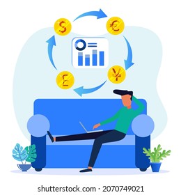 Ilustración vectorial de estilo moderno. Confiable y exitoso empresario con varios iconos e infografías de procesos de negocios. Gráficos y diagramas empresariales.