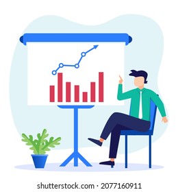 Modern style vector illustration. Confident successful businessman with various business process icons and infographics. Business charts and diagrams.