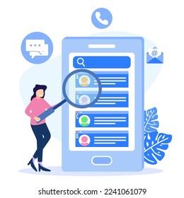 Modern style vector illustration. Contact the person on the communication device. contact list of people on the phone, Contact us. For websites, landing pages, UI, mobile apps, posters, banners.