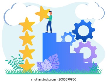Modern style vector illustration, customer satisfaction measurement and star rating, young man giving five stars.