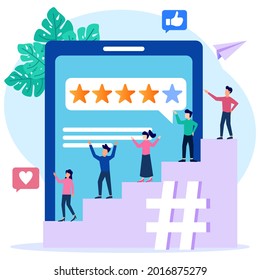 Ilustración vectorial de estilo moderno Calificación de revisión por parte del cliente, Diferentes personas proporcionan evaluación y retroalimentación, Soporte para la satisfacción del cliente.