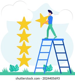 Ilustración vectorial de estilo moderno Calificación de revisión por parte del cliente, Diferentes personas proporcionan evaluación y retroalimentación, Soporte para la satisfacción del cliente.