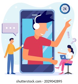 Modern style vector illustration, customer consulting, hotline operator informing customer, Call center, call processing system, 24 hours service.