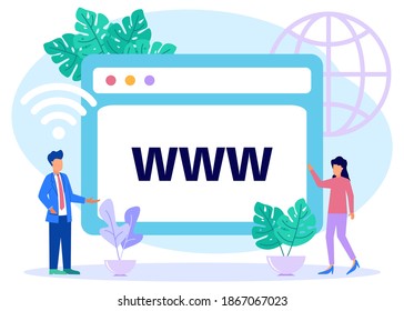 Modern style vector illustration of a domain registration concept with a person character with his laptop. The concept of domain registration can be used for websites, landing pages, UI, application.