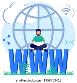 Modern style vector illustration of a domain registration concept with a person character registering the site with his laptop.