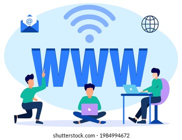 Modern style vector illustration of domain registration concept with character of a person with his laptop. Domain registration concept can be used for websites, UI, apps, posters, banners.