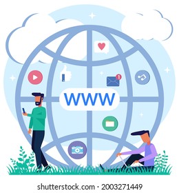 Modern style vector illustration of a domain registration concept with a person character registering the site with his laptop.