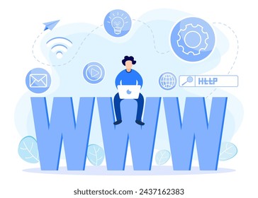 Ilustración vectorial de estilo moderno de un concepto de registro de dominio con un personaje de persona que registra el sitio con su computadora portátil.