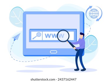Ilustración vectorial de estilo moderno de un concepto de registro de dominio con un personaje de persona que registra el sitio con su computadora portátil.