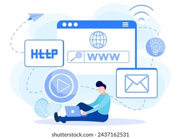 Modern style vector illustration of a domain registration concept with a person character registering the site with his laptop.