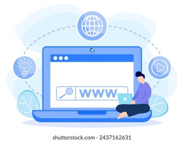 Modern style vector illustration of a domain registration concept with a person character registering the site with his laptop.