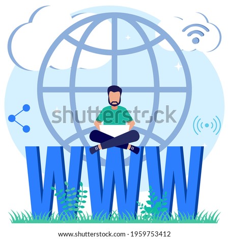 Modern style vector illustration of a domain registration concept with a person character registering the site with his laptop.