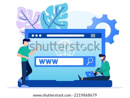 Modern style vector illustration of a domain registration concept with a person character registering the site with his laptop.