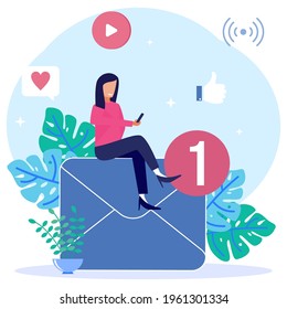 Modern style vector illustration. E-mail message draft, e-mail notification delivery, person character with big envelope background. new incoming sms.