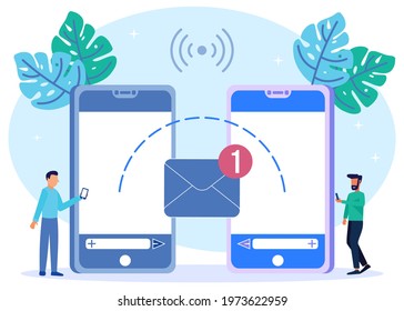 Modern style vector illustration. E-mail message draft, e-mail notification delivery, person character with big envelope background. new incoming sms.