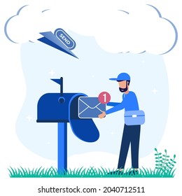 Ilustración vectorial de estilo moderno. Escena de mercadeo por correo electrónico. Carácter de Postman Buzón de correo que envía el sobre de retención de letras y correo de lectura.