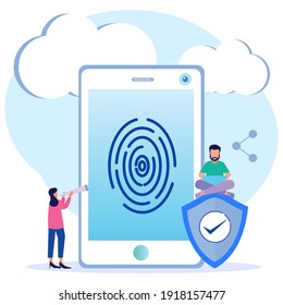 Modern style vector illustration. Fingerprint mobile security. Protection of data for cellular users and other electronic goods.