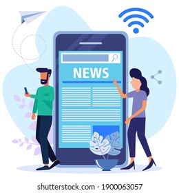 Moderne Vektorgrafik. Flat Design Konzept des Lesens Nachrichten über Smartphone, Charakter von Menschen mit Online-Zeitungen. geeignet für Websites, Landingpages, mobile Apps, Poster und Banner