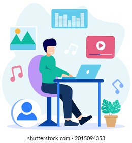 Modern style vector illustration. Freelance work on laptop editing video materials, presentations, creating or writing content. seo specialists working on the project.