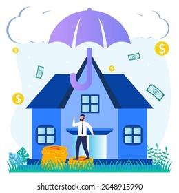 Modern style vector illustration, home protection concept, money, property, financial insurance savings, safe business economy for business people.