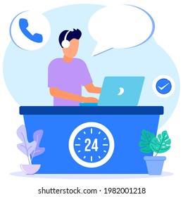 Modern style vector illustration of a hotline operator consulting customers with a headset on a computer, serving a full 24 hours, call center, call processing system, customer service.