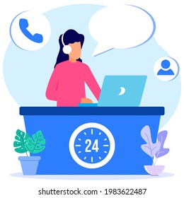 Modern style vector illustration of a hotline operator consulting customers with a headset on a computer, serving a full 24 hours, call center, call processing system, customer service.
