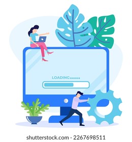 Modern style vector illustration of loading process with character. Can be used for web banners, infographics, hero images. Flat isometric isolated on white background.