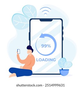 Ilustración vectorial de estilo moderno de proceso de carga con carácter. Se puede utilizar para Anuncios de Web, infografías, Imágenes de héroes. Piso isométrico aislado sobre fondo blanco.