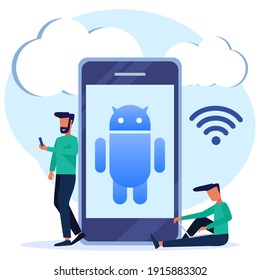 Ilustración vectorial de estilo moderno. Banner de concepto de desarrollo de aplicaciones móviles con caracteres. Se puede usar para banners web, infografías, imágenes de héroes.